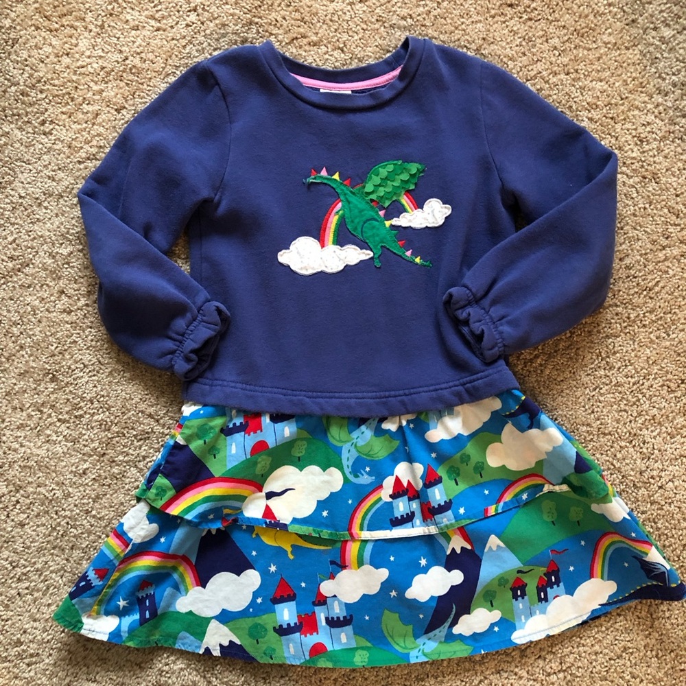 Mini Boden Dragon Dress 5-6 long sleeve appliqué sweatshirt RARE